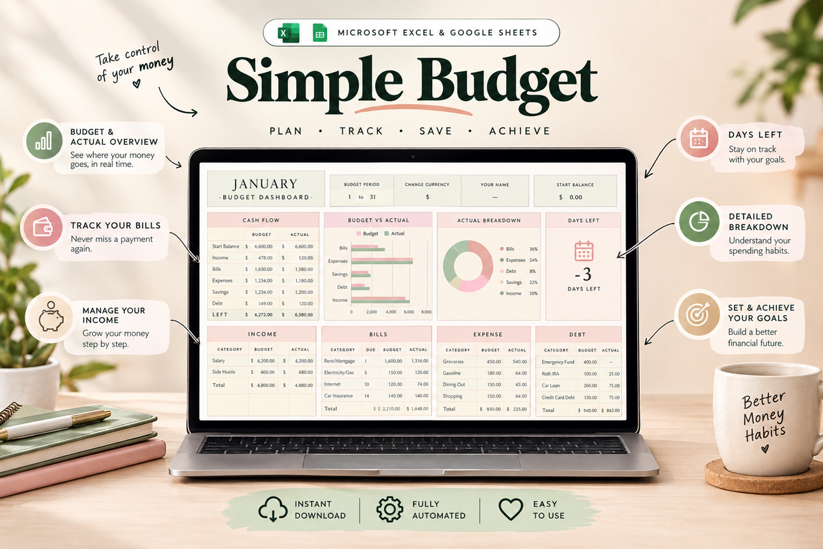 Budget Planner Spreadsheet – Monthly Budget, Expense & Bill Tracker (Google Sheets & Excel)