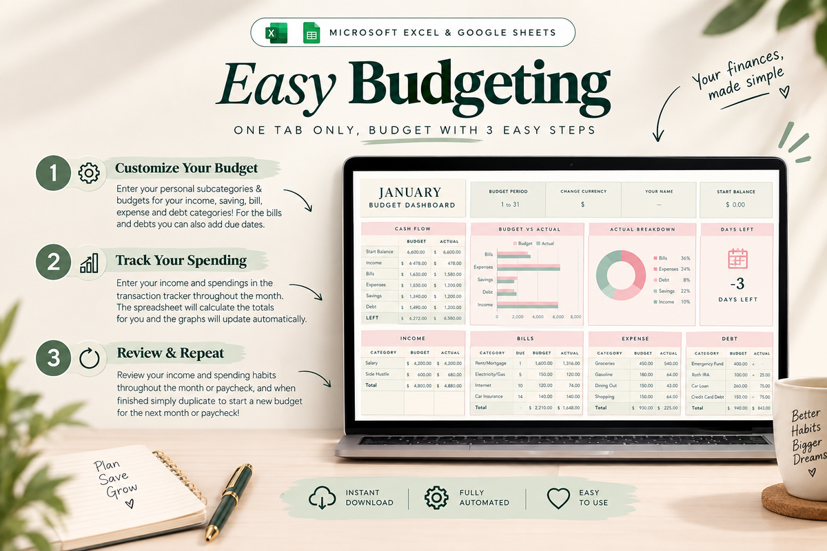 Budget Planner Spreadsheet – Monthly Budget, Expense & Bill Tracker (Google Sheets & Excel)
